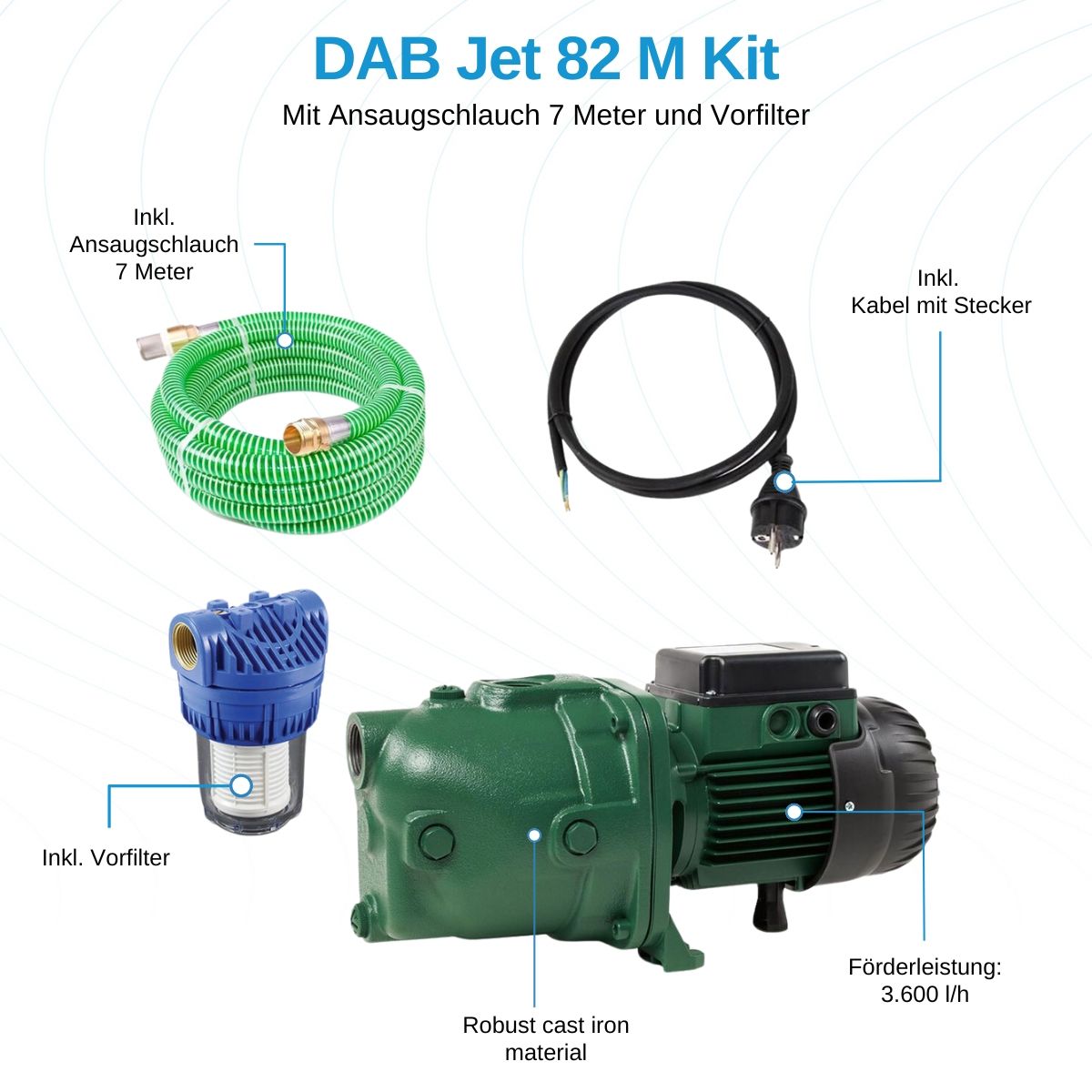 DAB Jet 82 M mit Ansaugschlauch 7 Meter und Vorfilter